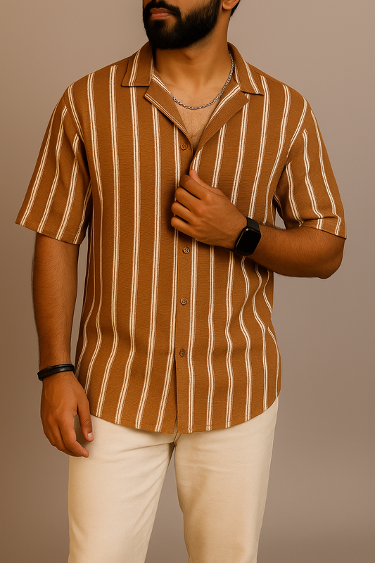 Brown Striped Relaxed-Fit Shirt