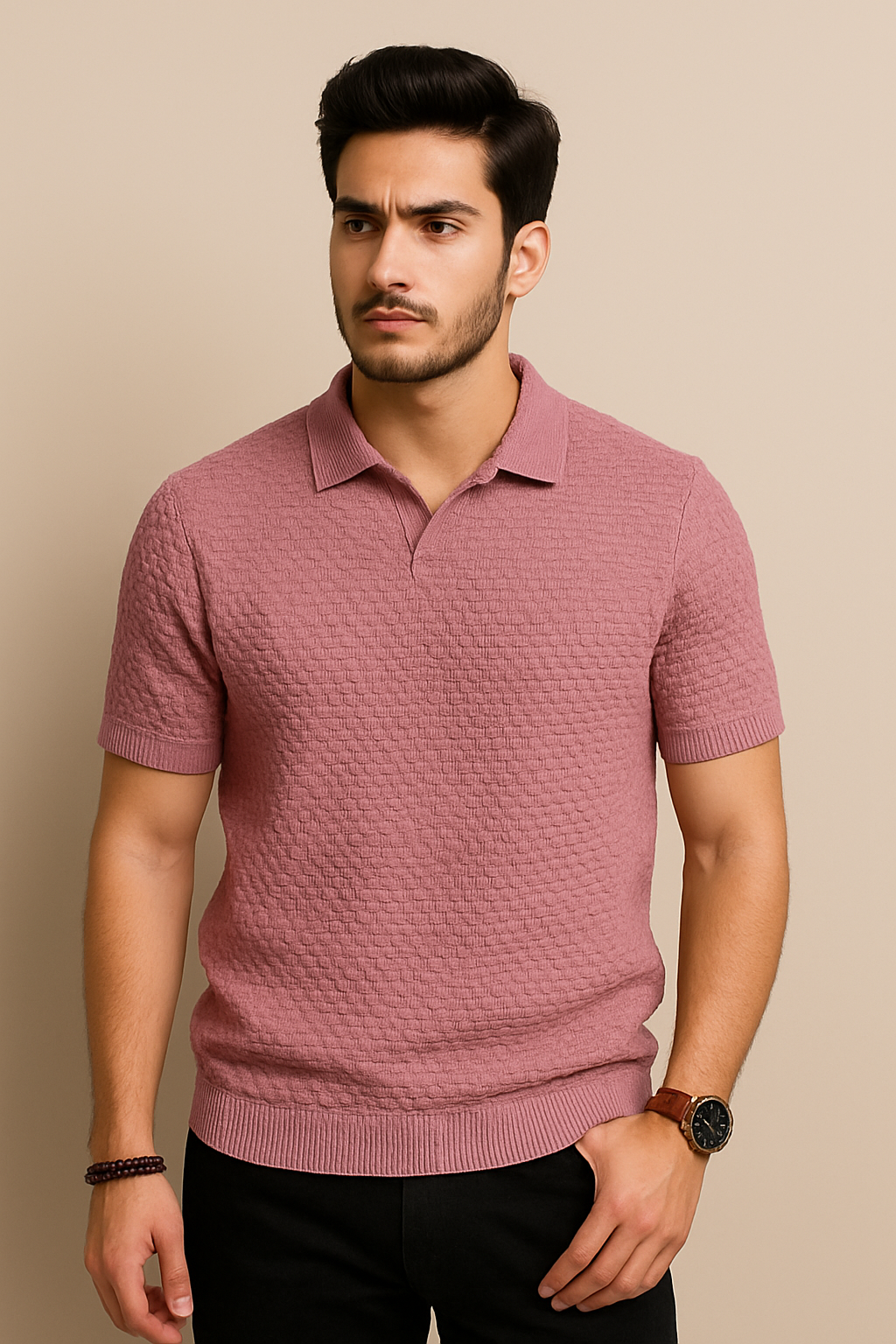 Knitted collar T-shirt Pink