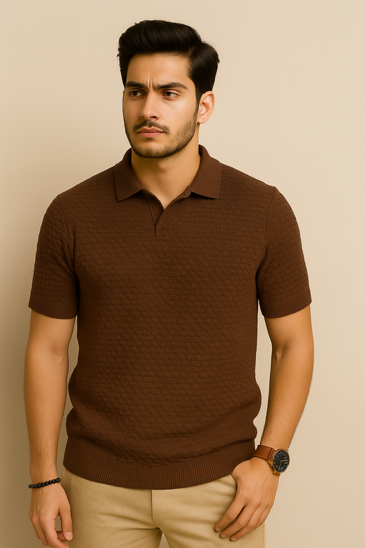 Knitted collar T-shirt Brown