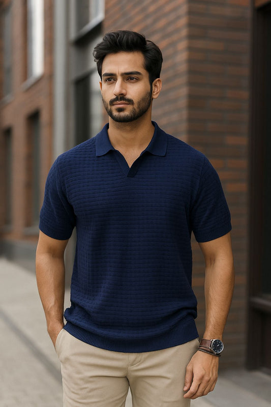 Knitted collar T-shirt Blue